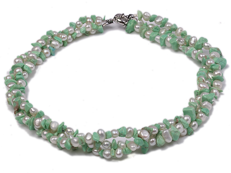 Three-strand 5-6mm White Freshwater Pearl and 6-10mm Green Baroque Turquoise Pieces Necklace