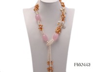 white oval and light champagne freshwater pearl and rose quartz opera necklace