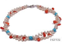 Two-strand 6x7mm White Freshwater Pearl Necklace Dotted with Corals and Turquoise Beads