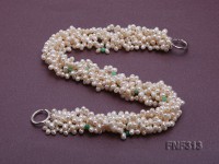 Six-strand White Freshwater Pearl Necklace Dotted with Green Jade Beads