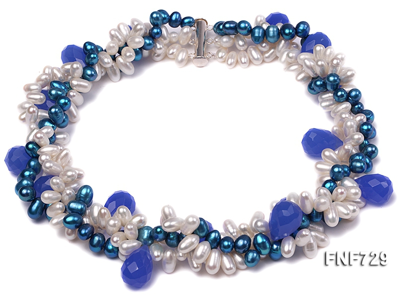 Three-strand Azure and White Freshwater Pearl Necklace Dotted with Light-blue Colored Crystal