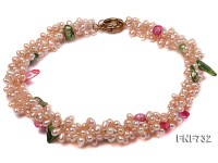 Three-strand 4x5mm Pink Cultured Freshwater Pearl Necklace Dotted with colorful Tooth-shaped Pearl
