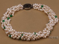 Five-strand 6x7mm White Freshwater Pearl Necklace Dotted with Malaysian Jade Beads