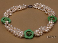Four-strand 5x7mm White Cultured Freshwater Pearl Necklace with Green Flower-shaped Coral Circle