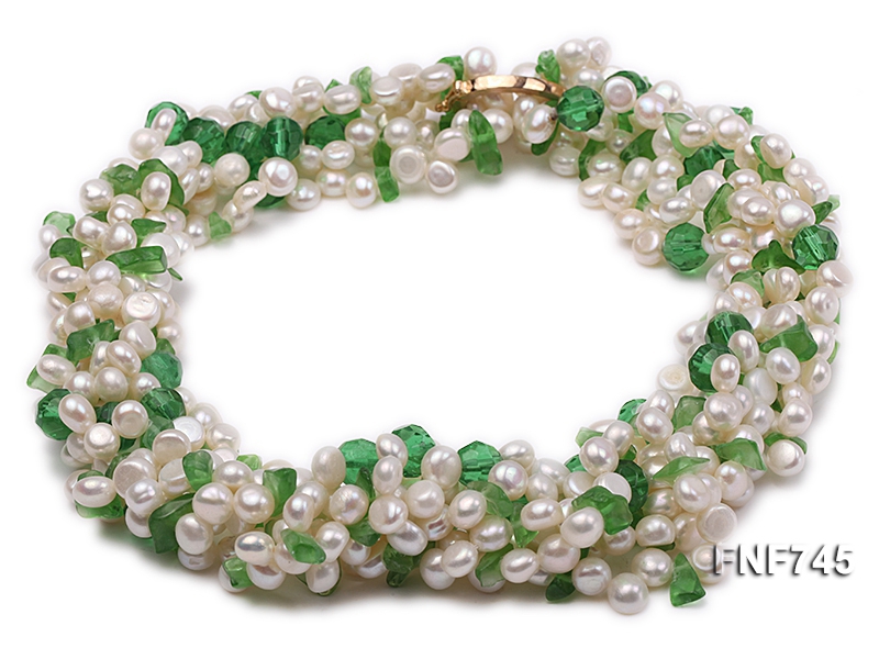 Multi-strand 4-5mm Freshwater Pearl and Green Crystal Beads Necklace