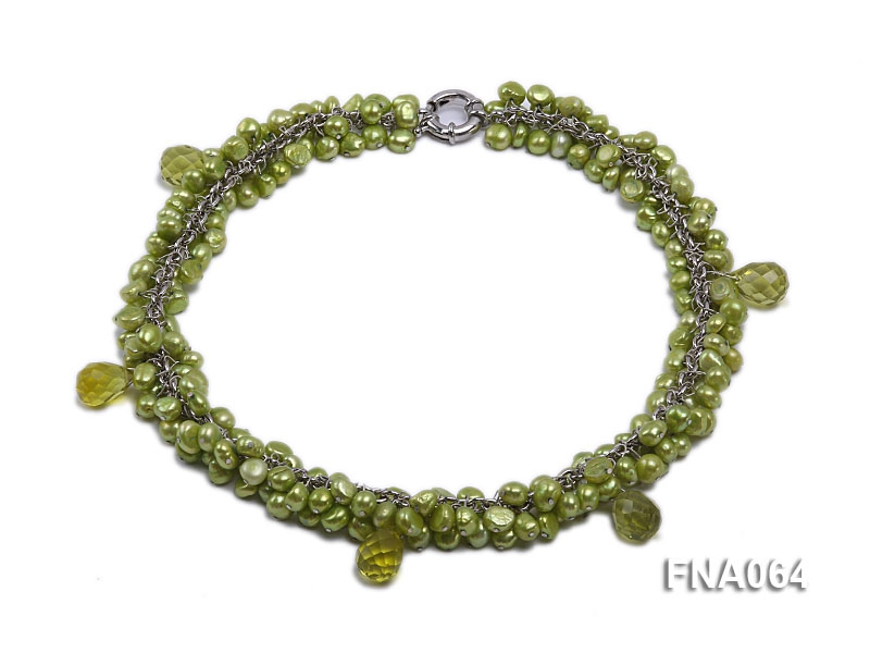 5-6mm Grass-green off-round Freshwater Pearl Necklace with Green Crystal Beads
