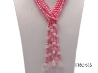 3 strand pink oval freshwater pearl and roae quartz opera necklace