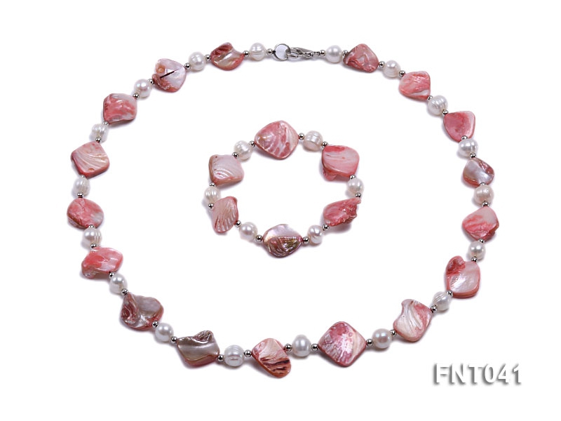 White Freshwater Pearl & Pink Seashell Pieces Necklace and Bracelet Set