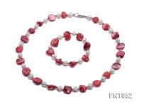 White Freshwater Pearl & Red Seashell Pieces Necklace and Bracelet Set