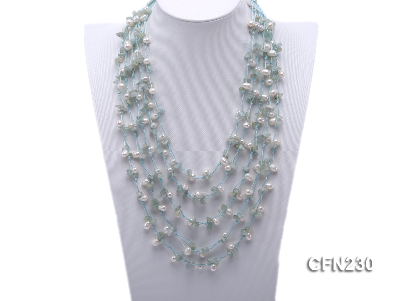 7x9mm White Side-Drilled Pearl and Light Blue Gemstone Necklace