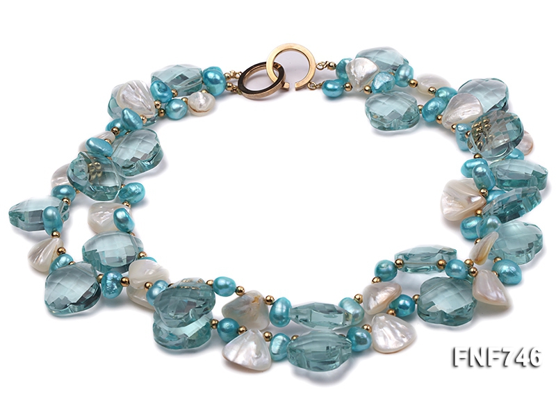 Two-strand Blue Faceted Quartz, Blue Freshwater Pearl, White Shell Pieces and Golden Beads Necklace