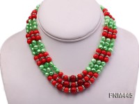 3 strand green reshwater pearl and red round coral necklace