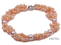 Four-strand 6x7mm Pink Freshwater Pearl Necklace Dotted with 16mm Pink Shell Pearls