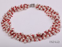 Four-strand 6x8mm White Freshwater Pearl, Red Coral Sticks and Argent Metal Beads Necklace