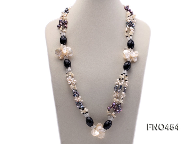 white and black freshwater pearl,seashell and black agate opera necklace