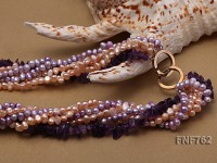 Multi-strand Pink Freshwater Pearl, Purple Freshwater Pearl and Purple Crystal Chips Necklace