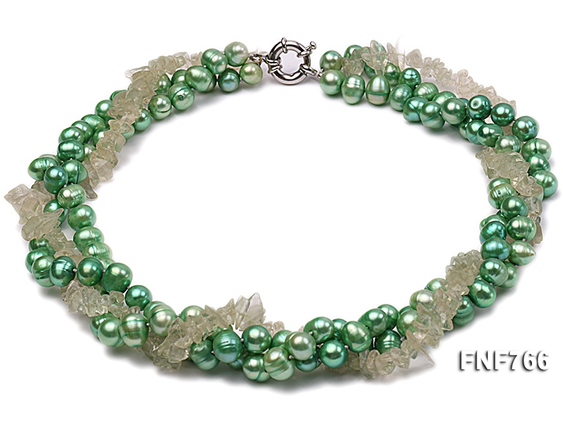 Three-strand 8-9mm Freshwater Pearl and 8x9mm Synthetic Light-green Quartz Necklace