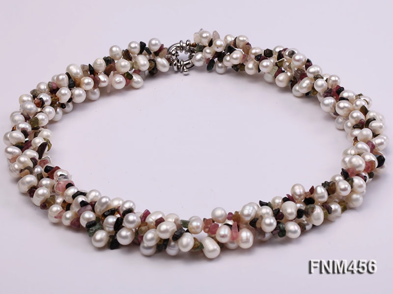 4 strand white freshwater pearl and tourmaline necklace