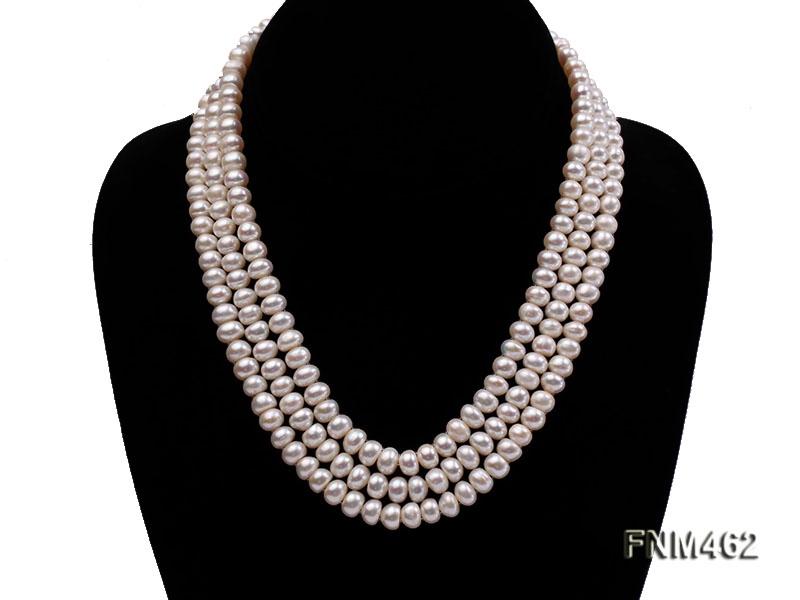 3 strand white flat freshwater pearl necklace with zircon clasp