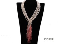 7*8mm natural white flat freshwater pearl with pink coral opera necklace