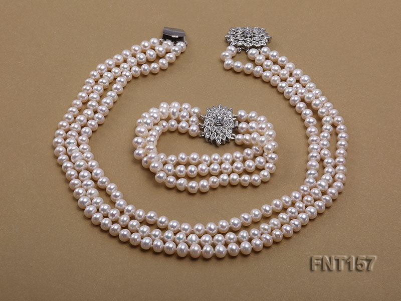 Tree-strand 7-8mm White Flat Freshwater Pearl Necklace and Bracelet Set