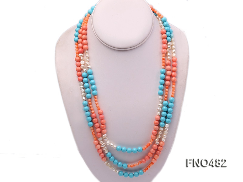 5mm pink round coral with blue turquoise and white freshwater pearl opera necklace
