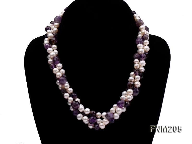 2 strand white freshwater pearl and round faceted amethyst necklace