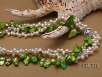 Three-strand 6x8mm White Freshwater Pearl and Blue Tooth-shaped Pearl Necklace