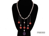 natural 6-7mm white round freshwater pearl with pink coral flower and amethyst necklace