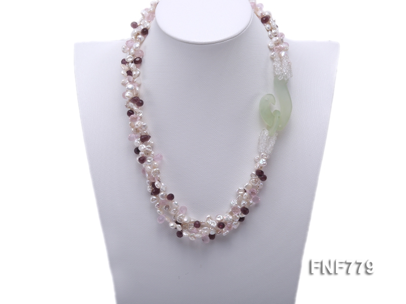 Three-strand White Freshwater Pearl Necklace with Amethyst Beads and Rock Crystal Beads