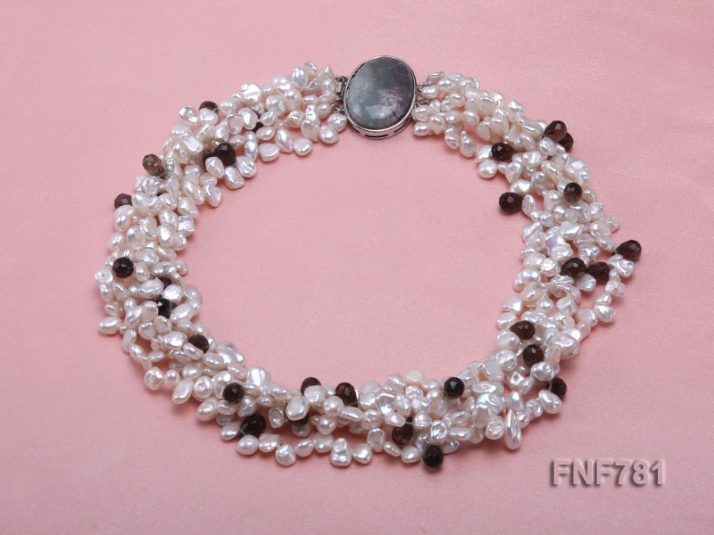 Five-strand White Freshwater Pearl and Smoky Quartz Beads Necklace