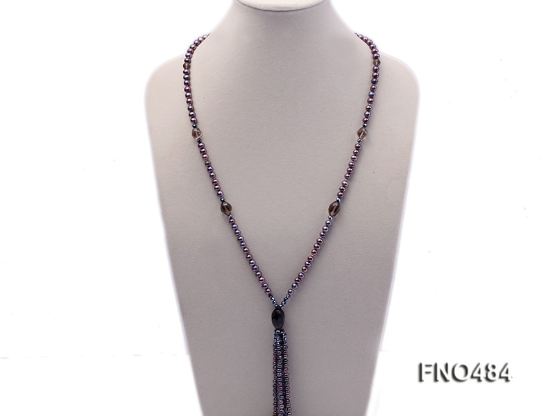 6-7mm black round freshwater pearl with smoky quartz opera necklace