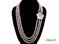 3 Strand White Freshwater Pearl and Pink Coral Necklace