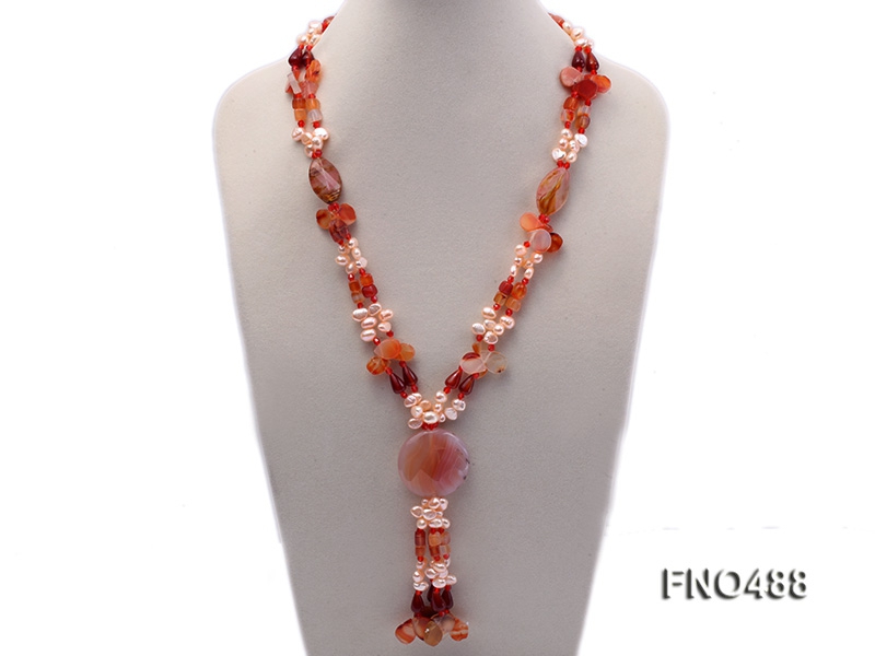6-7mm pink side-drilled freshwater pearl with irregular agate opera necklace