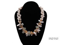 Two-strand 9x12mm White Freshwater Pearl Necklace with Crystal Pieces and Agate Beads