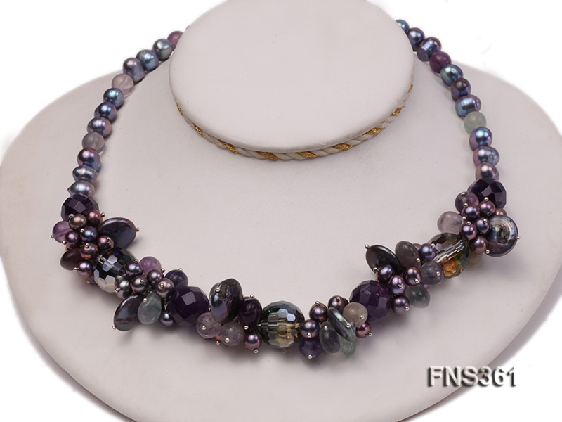 7-8mm black round freshwater pearl with amethyst crystal single strand necklace