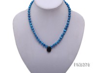 7-8mm marine blue freshwater pearl necklace with drip-shaped faceted black agate pendant