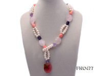 2 strand white freshwater pearl,crystal and pink coral opera necklace