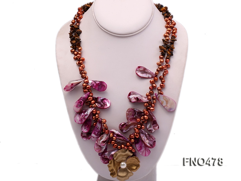 coffee freshwater pearl,dark pink seashell and tiger-eye stone opera necklace with pearl clasp