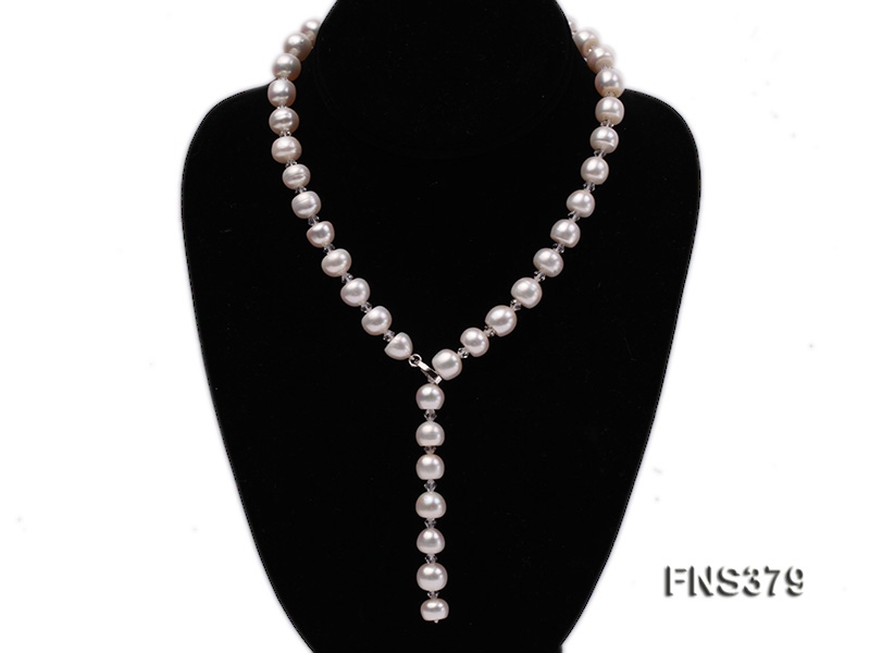 10-11mm natural white flat freshwater pearl with white crystal necklace