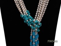3 strand white oval freshwater pearl and bule turquoise opera necklace