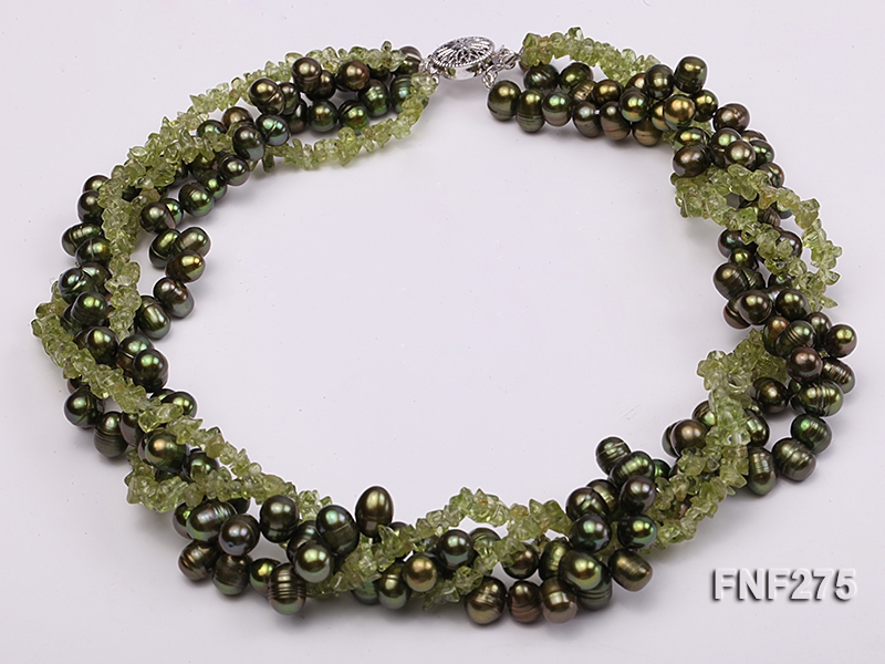 Four-strand Dark-Green Freshwater Pearl and Green Olivine Chips Necklace