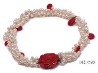 Three-strand White Freshwater Pearl Necklace with Red Seed-shaped Coral Beads