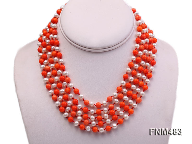 5 strand white freshwater pearl and orange coral necklace