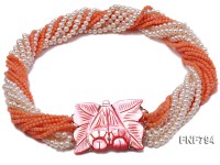 Multi-strand 4-5mm White Freshwater Pearl and 2.5mm Orange Coral Necklace