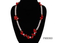 Natural 9-10mm white flat freshwater pearl with red coral necklace