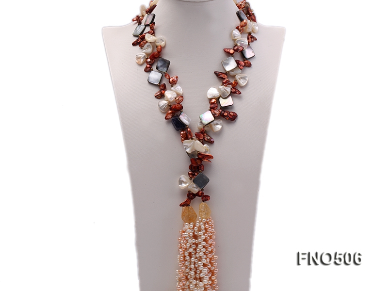 5-17mm coffee and pink irregular freshwater pearl and crystal and seashell necklace