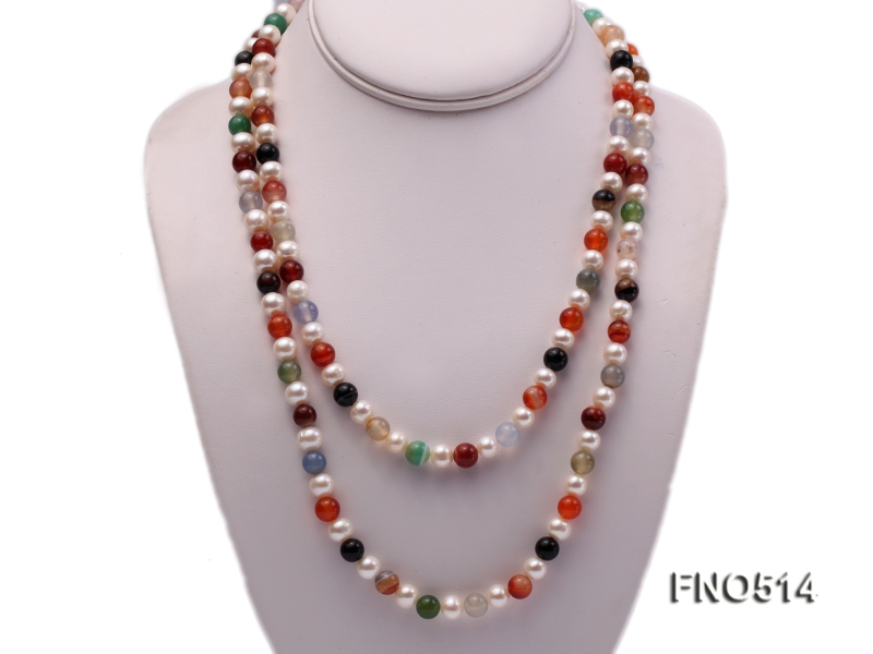 7.5mm natural white round freshwater pearl with multicolor agate opera necklace