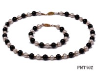 8mm White Freshwater Pearl & Black Agate Beads Necklace and Bracelet Set