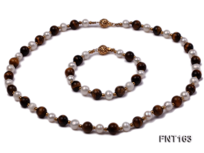 8mm White Freshwater Pearl & Tiger-eye Beads Necklace and Bracelet Set